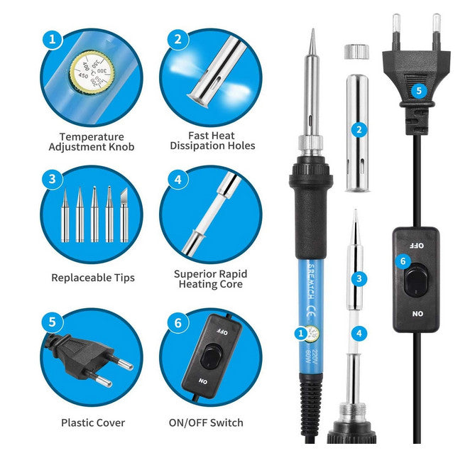 60W Lötkolben Set mit Temperatur Einstellbar und Ein/Aus Schalter, 9-in-1-Lötsets