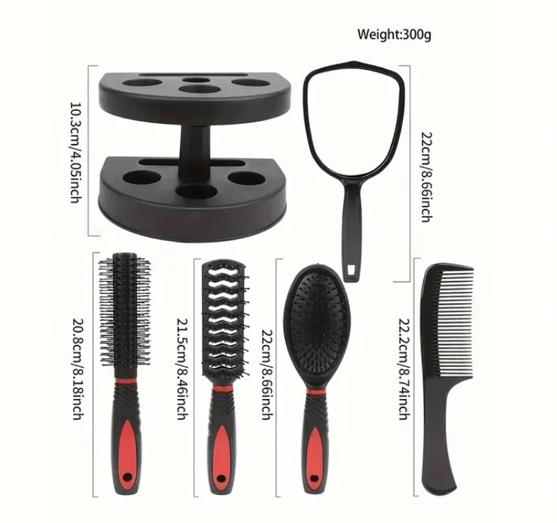 5-teiliges Haarstyling-Set mit Bürsten im Halter, Haarstyling-Bürsten mit Spiegel