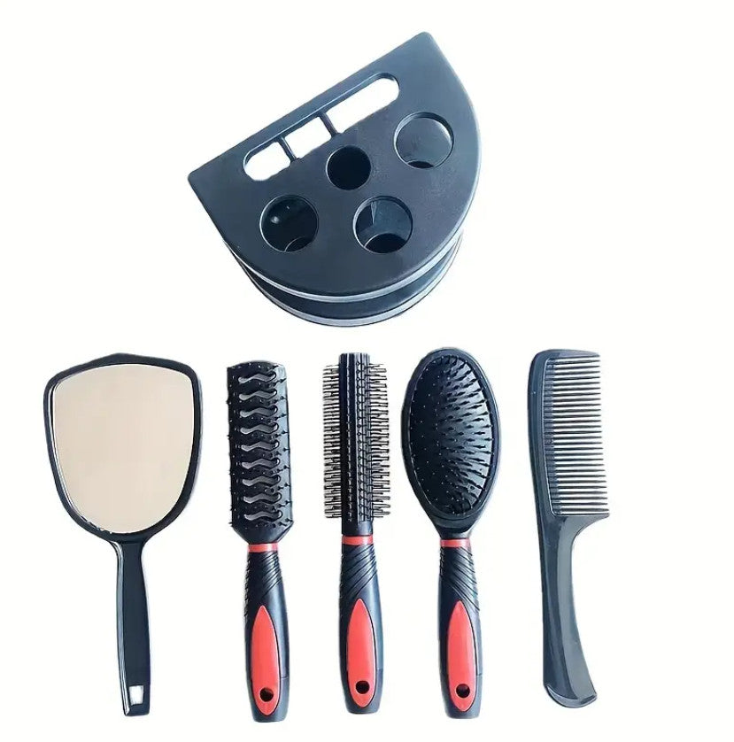 5-teiliges Haarstyling-Set mit Bürsten im Halter, Haarstyling-Bürsten mit Spiegel