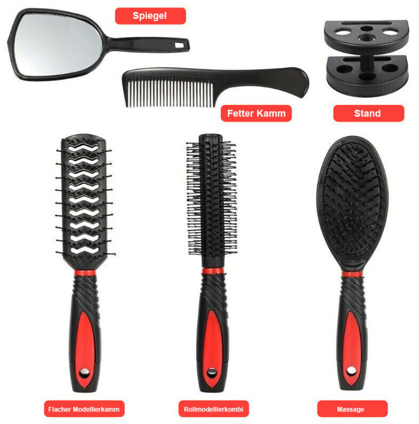 5-teiliges Haarstyling-Set mit Bürsten im Halter, Haarstyling-Bürsten mit Spiegel