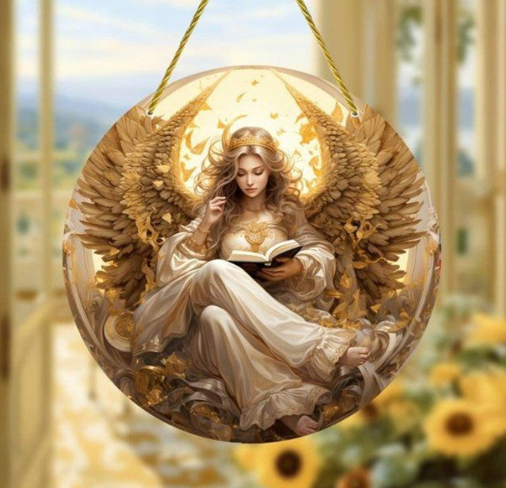 Runde Holztafel, Holzkranz-Logo, Modernes 2D Goldenes Engel