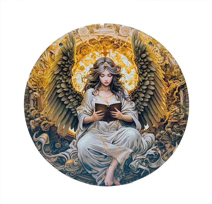 Runde Holztafel, Holzkranz-Logo, Modernes 2D Goldenes Engel