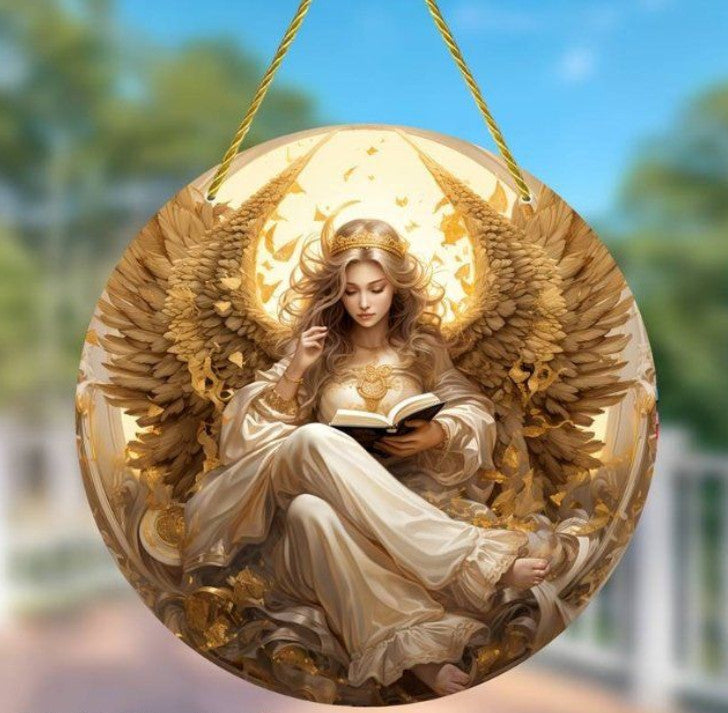 Runde Holztafel, Holzkranz-Logo, Modernes 2D Goldenes Engel