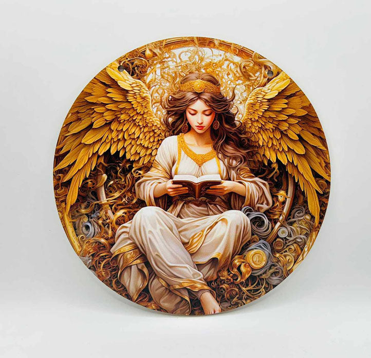 Runde Holztafel, Holzkranz-Logo, Modernes 2D Goldenes Engel