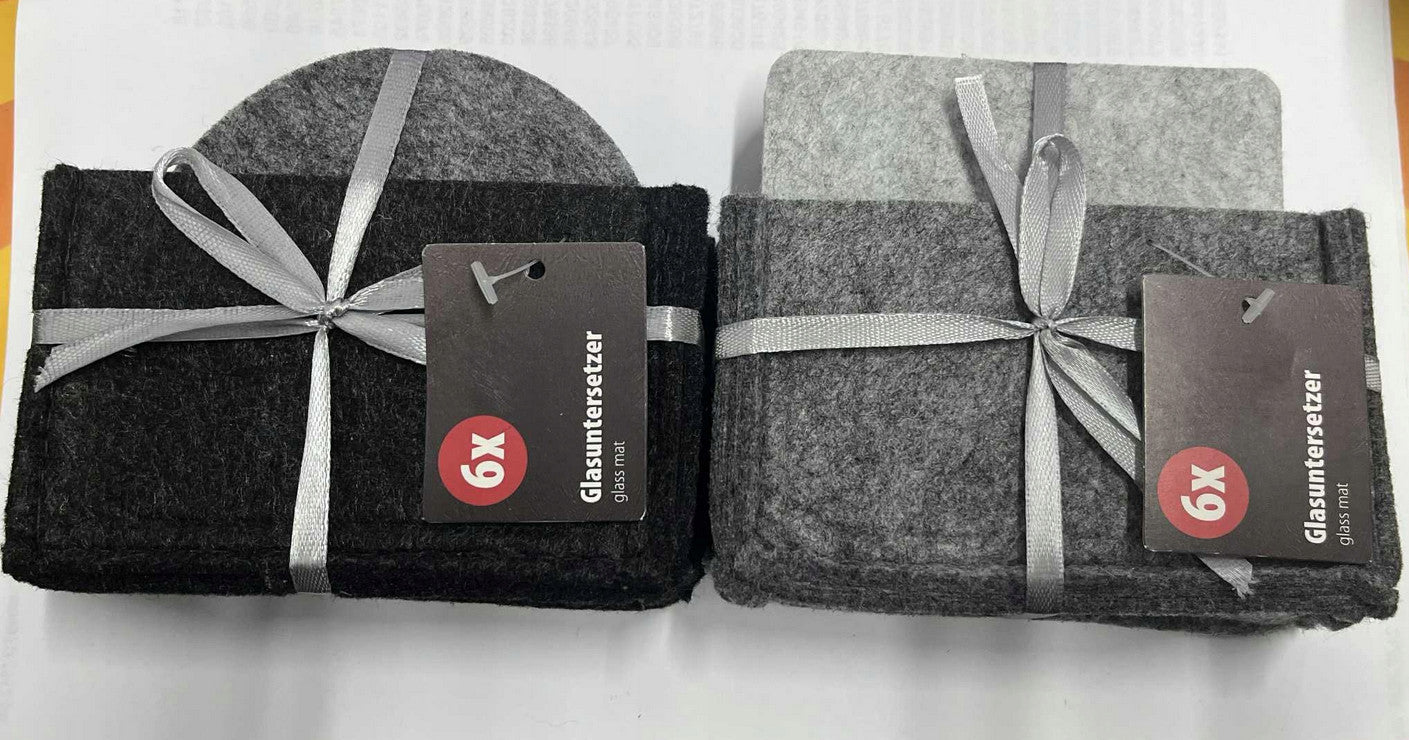 6 Stück runde quadratische Filzuntersetzer für Gläser und Tassen, grau-schwarz