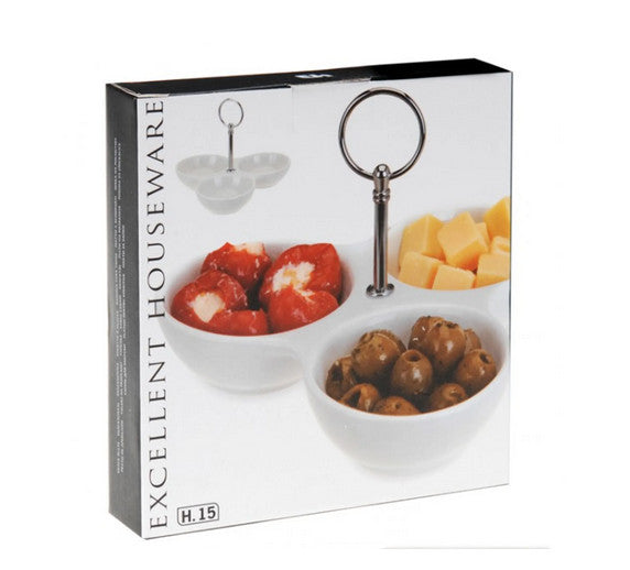 3 weiße Snackschalen aus Porzellan mit Griff aus Edelstahl.