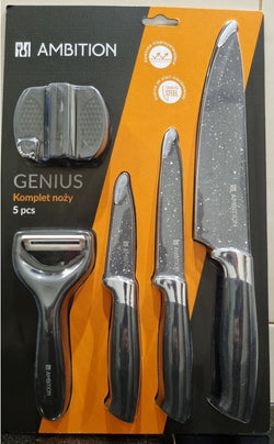 5-teiliges Messerset mit Messerschärfer und Sparschäler – Genius