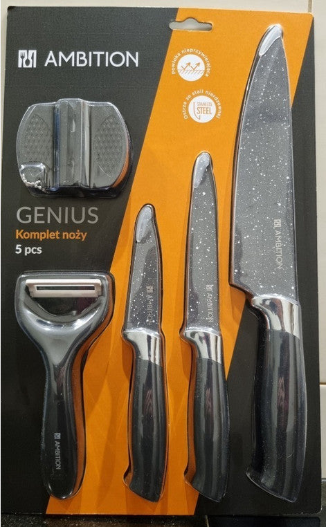 5-teiliges Messerset mit Messerschärfer und Sparschäler – Genius