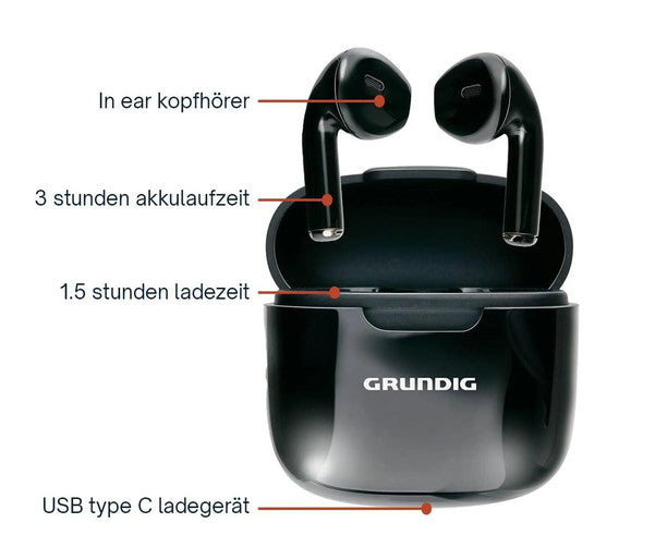 Grundig Bluetooth Kopfhörer – In Ear Earbuds 400 mAh – Schwarz
